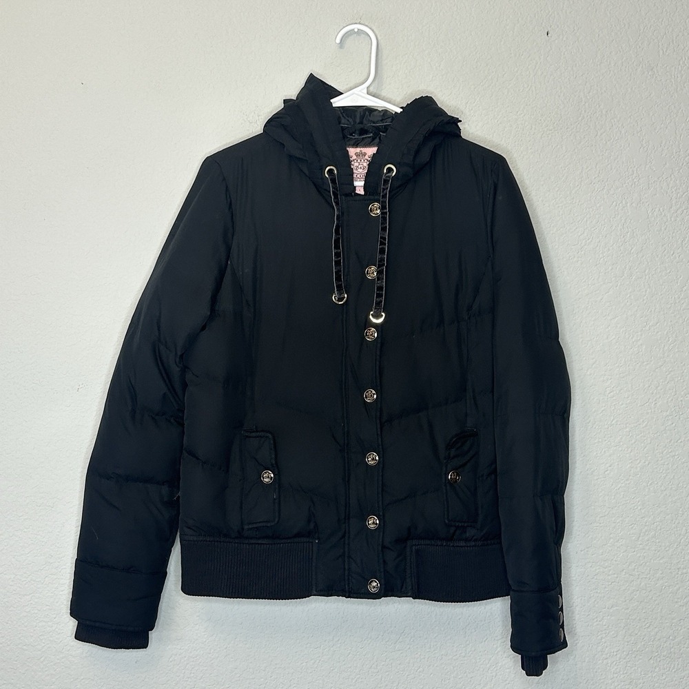 Vintage Juicy Couture Black Down Puffer Jacket Women's Size L Large Coat